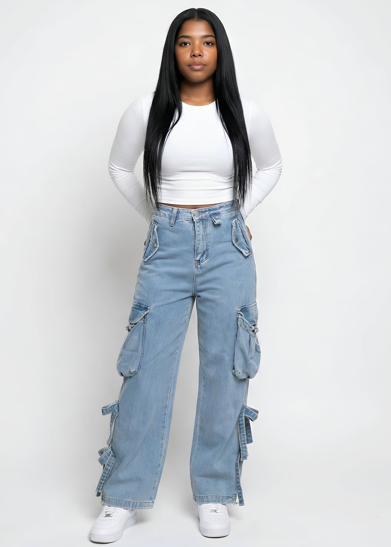 Pink Seal Blue Aura Mid Rise soft-washed baggy denim cargo pants with utility pockets and bows