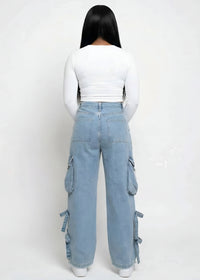 Thumbnail for Pink Seal Blue Aura Mid Rise soft-washed baggy denim cargo pants with utility pockets and bows