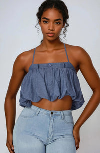 Thumbnail for Pink Seal Blue Skies Denim Stretchy spaghetti strap denim-look crop top with elastic back