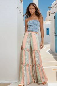 Thumbnail for Pink Seal Boheme Multi-print flowy tiered chiffon palazzo pants for resort style