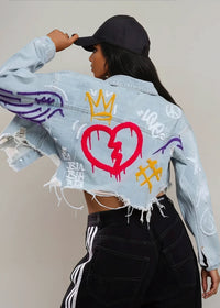 Thumbnail for Pink Seal Broken But Not Defeated Cropped Jean Jacket - Pink Seal  