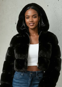 Thumbnail for Pink Seal black fur coat with a hood against a gray background