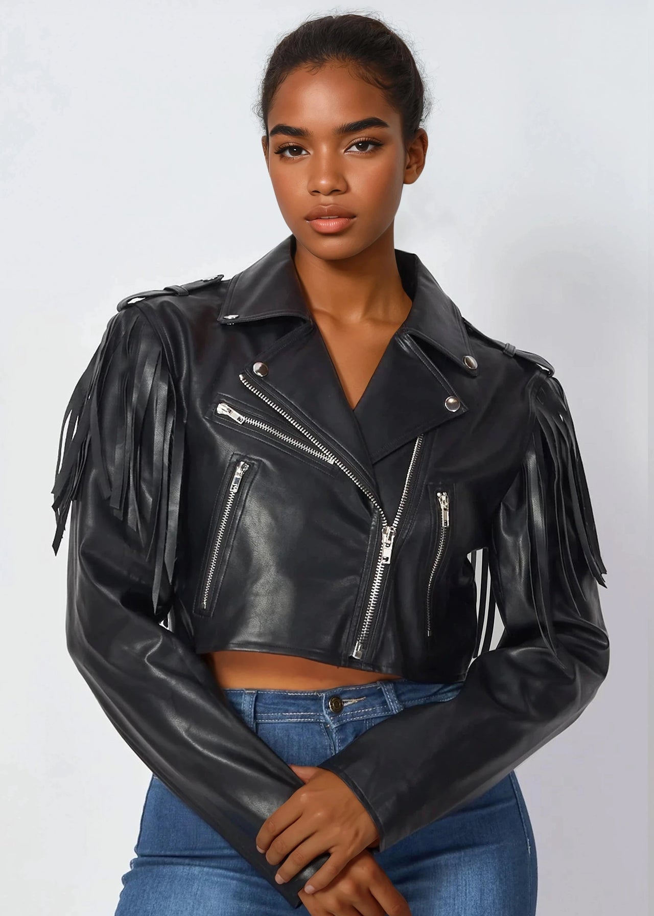 Pink Seal black cropped leather jacket with fringe details on a white background