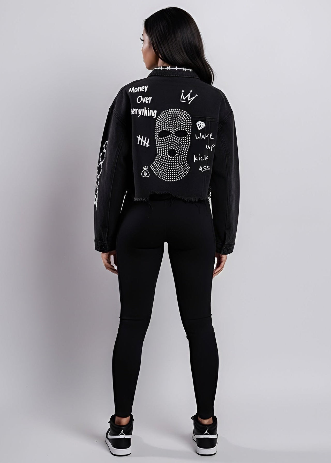 Pink Seal Mask Era Cropped black denim jean jacket with text and graphics on the back, 