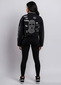 Thumbnail for Pink Seal Mask Era Cropped black denim jean jacket with text and graphics on the back, 
