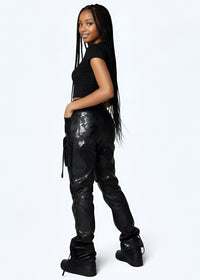 Thumbnail for Stylish Pink Seal Glossy PU black leather stacked cargo pants with side pinching and pockets.