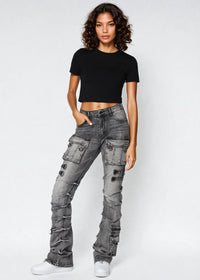 Thumbnail for Pink Seal Next Level High rise stacked jeans with Ruby Fit & cargo pocket details.