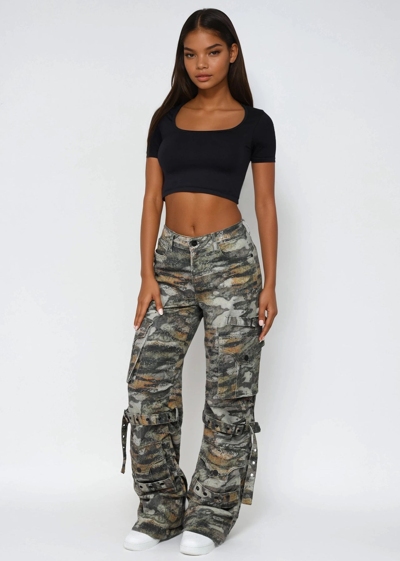 Pink Seal black crop top and camouflage baggy cargo pants