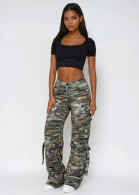 Thumbnail for Pink Seal black crop top and camouflage baggy cargo pants