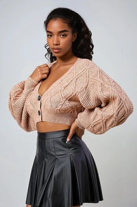 Thumbnail for Pink Seal Snuggle Crop beige cable knit cardigan and black pleated skirt on a light gray background
