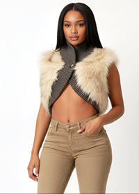 Thumbnail for Chic Pink Seal Cropped faux fur vest with shawl collar and ribbed knit base.