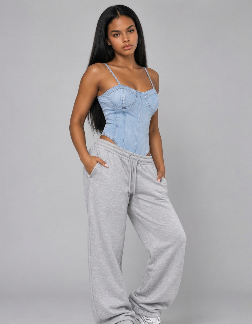 Lady wearing denim bodysuit with light grey joggers.