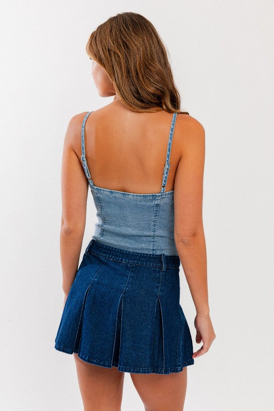 Chic sleeveless denim bustier bodysuit for young women and teens. Back view.