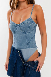 Thumbnail for Chic sleeveless denim bustier bodysuit for young women and teens. Bottom view.