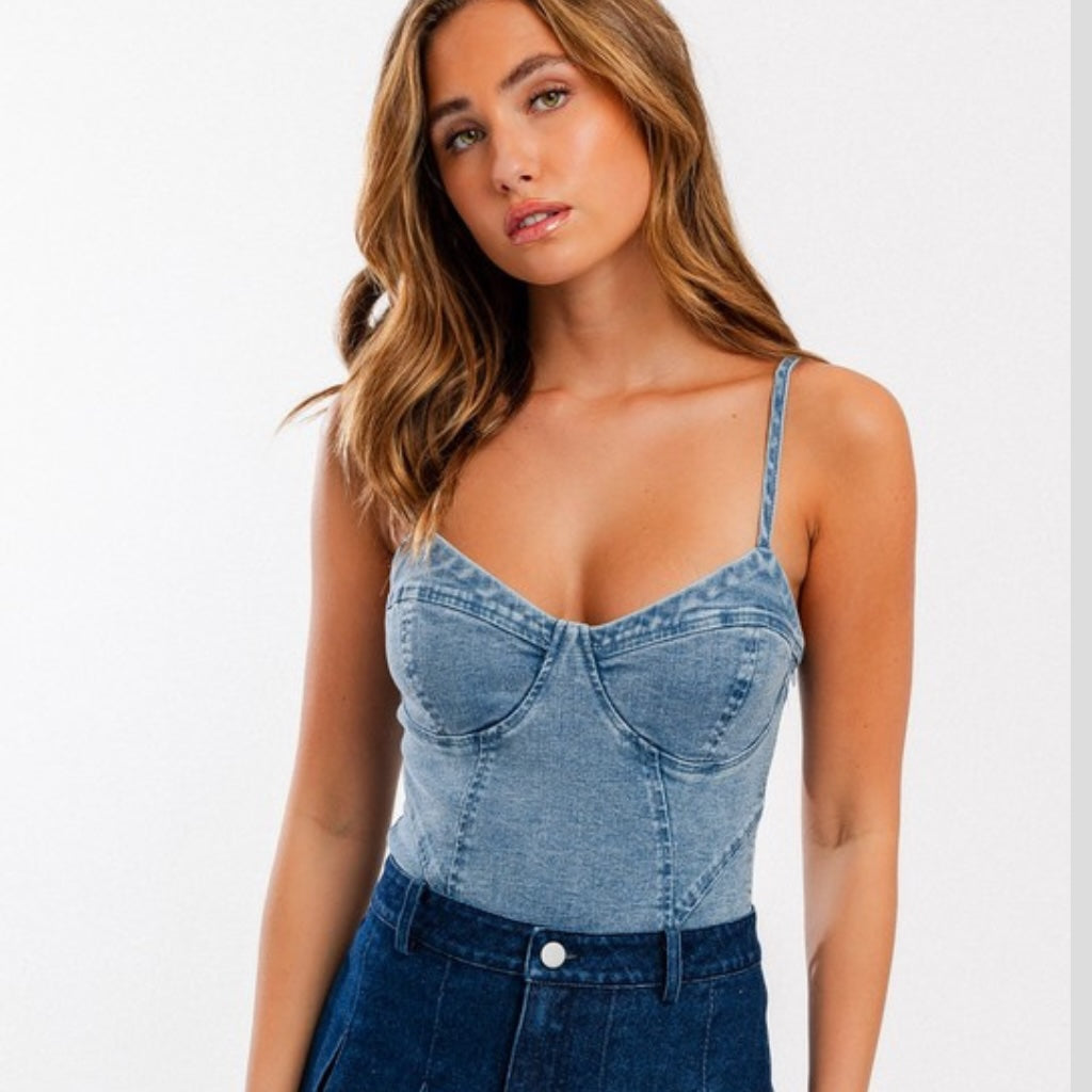 Chic sleeveless denim bustier bodysuit for young women and teens.