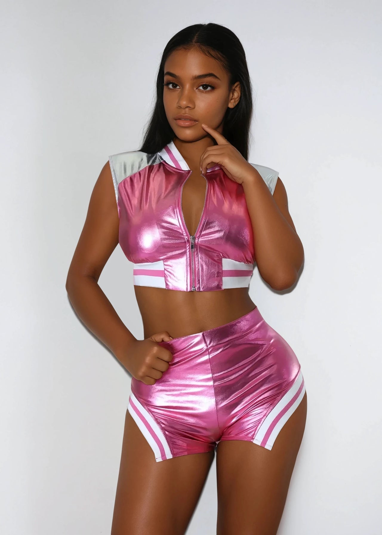 The Poised & Polished Short Sleeve Top & High Waist Short Set offers a chic, stretchy fit with a zipper closure, and high-waisted shorts. Perfect for any occasion!