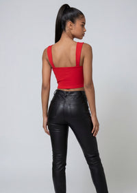 Thumbnail for Pink Seal red top and black leather pants on a white background