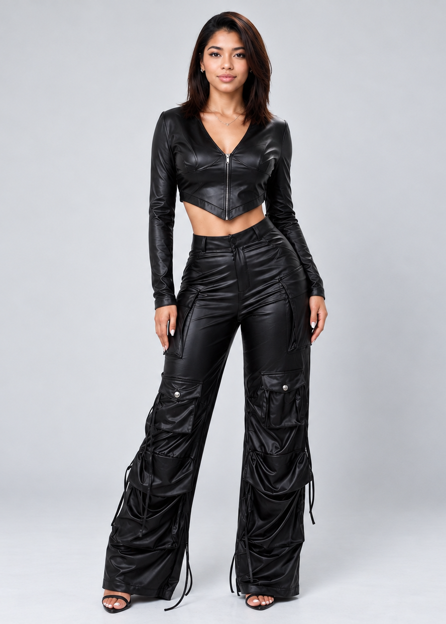 Lady wearing cargo leather pants