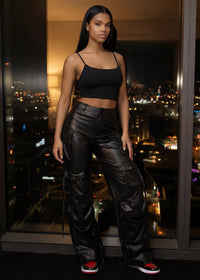 Thumbnail for Pink Seal Wide-leg high waist PU leather pants with bold structured silhouette.