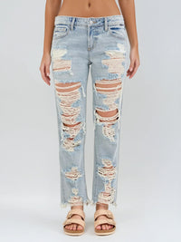 Thumbnail for Light wash slouch Boyfriend jeans with frayed hems and distressed detailing. Bold streetwear with effortless edge.