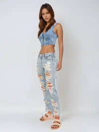 Thumbnail for Light wash slouch Boyfriend jeans with frayed hems and distressed detailing. Bold streetwear with effortless edge.