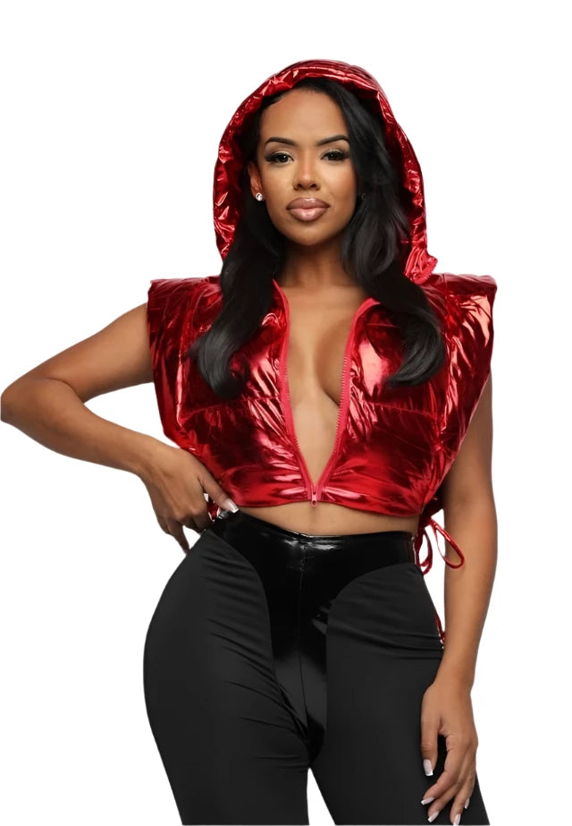 Red Hot Hooded Metallic Puffer Vest