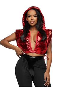 Thumbnail for Red Hot Hooded Metallic Puffer Vest