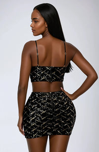 Thumbnail for The Relentless Glow Sequin Bustier & Skirt Set dazzles with diamond sequins, velvet fabric, and a sultry fit, making it the perfect choice for night outs & celebrations.