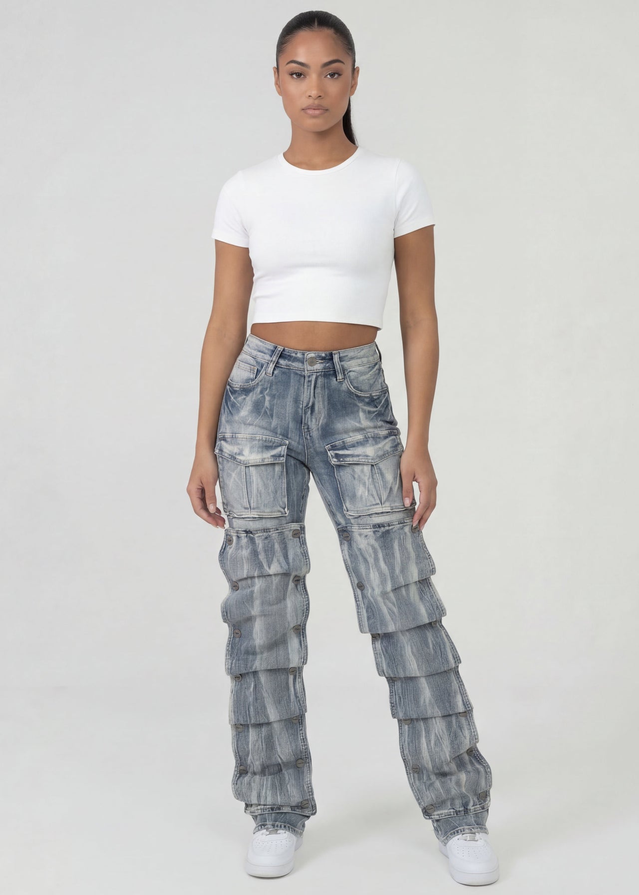 Pink Seal High Waist bootcut jeans with detachable layered design