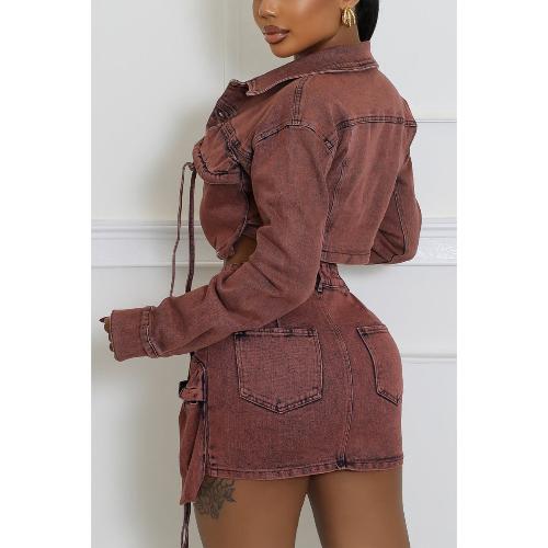 Chic 2 Piece Cargo Button Jacket & Mini Skirt outfit for young women and teens. Everyday chic look. Back view