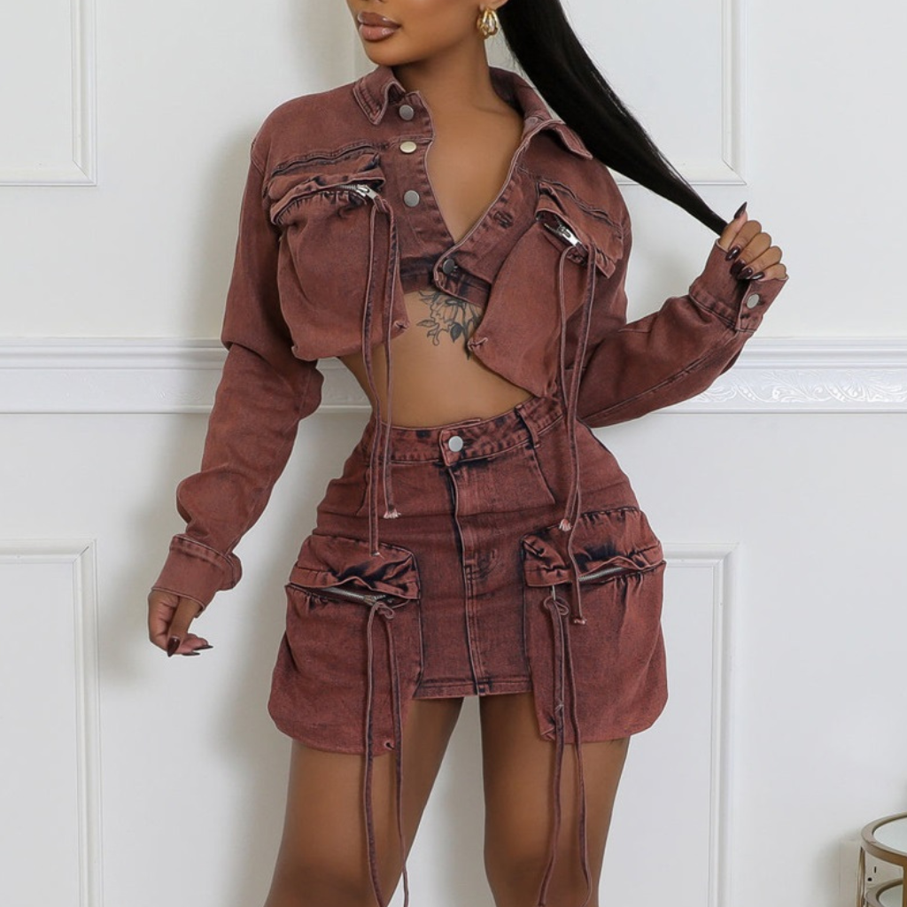 Chic 2 Piece Cargo Button Jacket & Mini Skirt outfit for young women and teens. Everyday chic look.