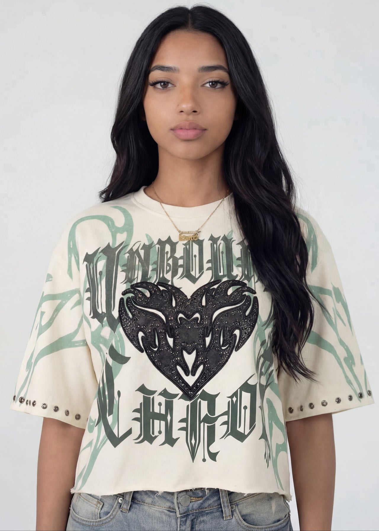 Pink Seal Oversized Boxy French terry crop tee with wide-leg denim and patch detail.