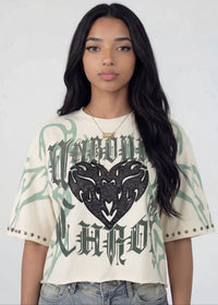 Thumbnail for Pink Seal Oversized Boxy French terry crop tee with wide-leg denim and patch detail.