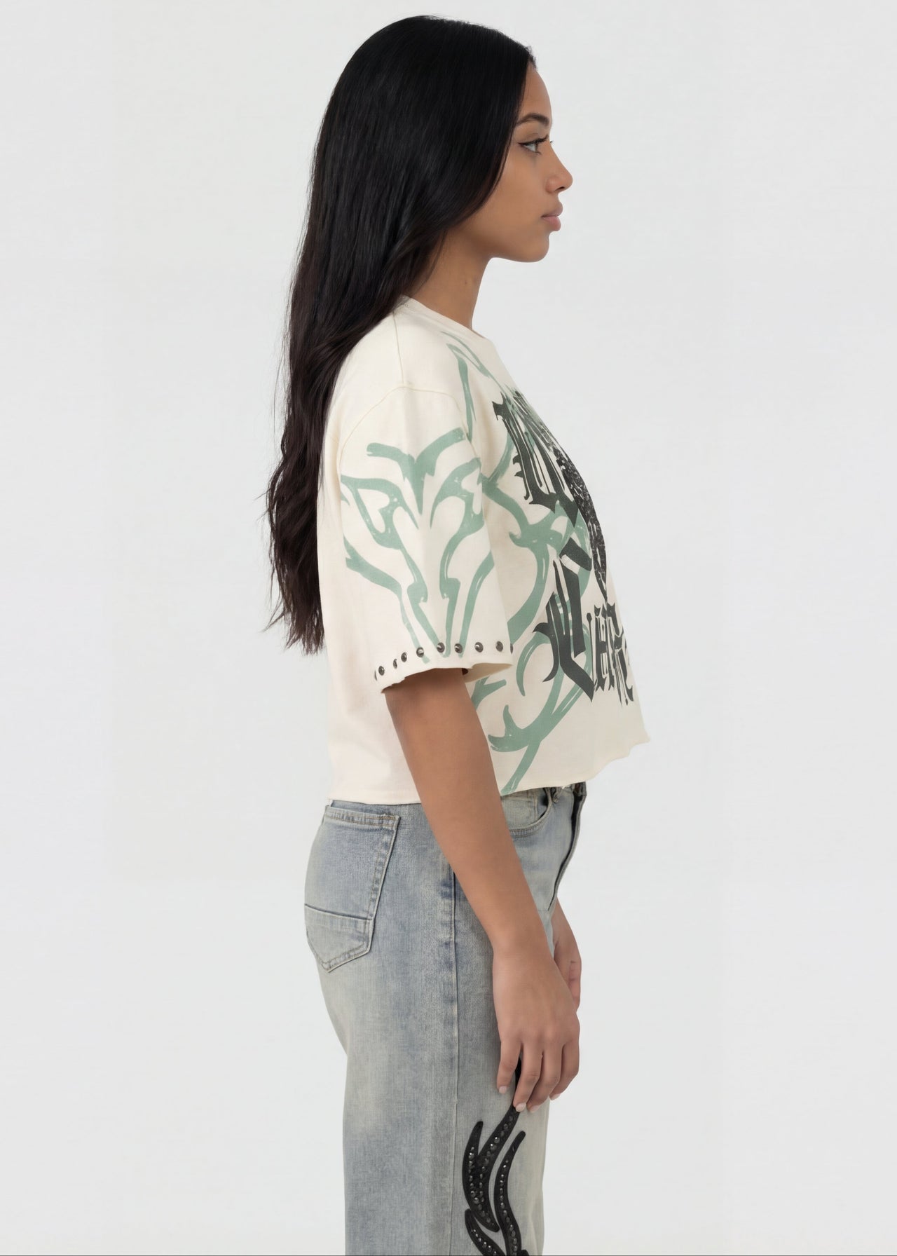 Pink Seal Oversized Boxy French terry crop tee with wide-leg denim and patch detail.