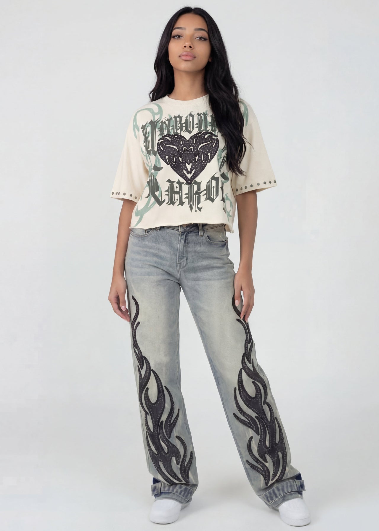 Pink Seal Oversized Boxy French terry crop tee with wide-leg denim and patch detail.