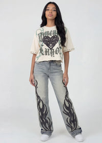 Thumbnail for Pink Seal Oversized Boxy French terry crop tee with wide-leg denim and patch detail.