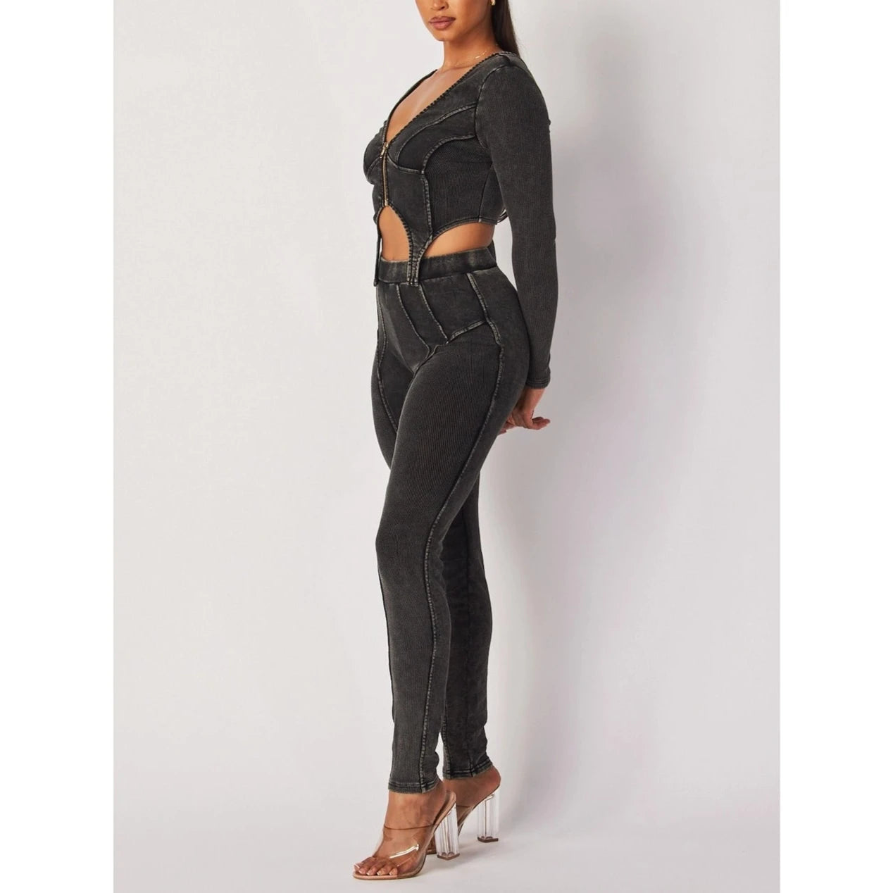 Sassy Casual 2 Piece Zip Crop Top & Leggings Outfit - Pink Seal  