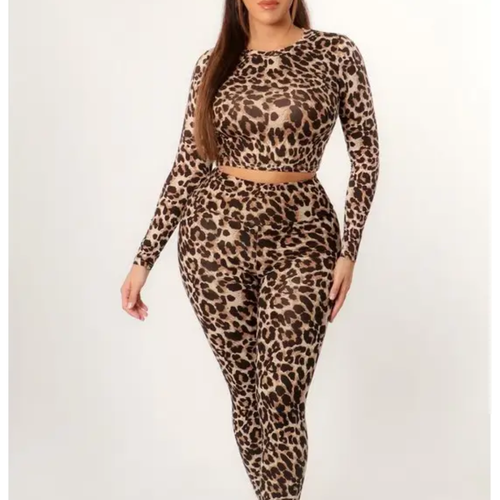 Leopard Girl Long Sleeve Crop Top and Leggings Set