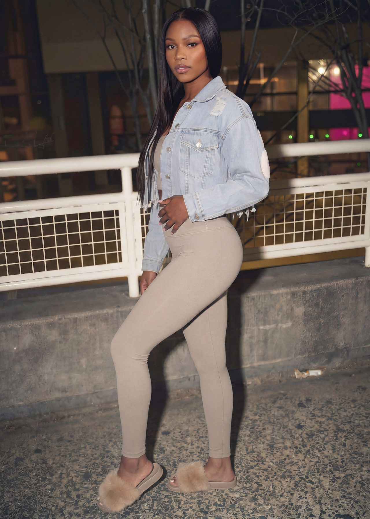 Distressed Teddy Cropped Denim Jacket - Pink Seal  