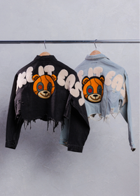 Thumbnail for Distressed Teddy Cropped Denim Jacket - Pink Seal  