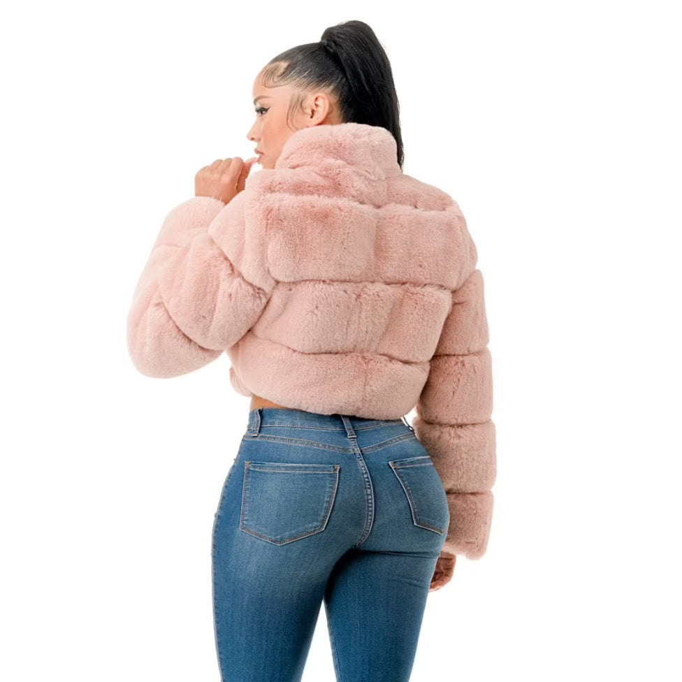 Stylish Pink Fur Coat For Young Adults For Fall and Winter. Back view.