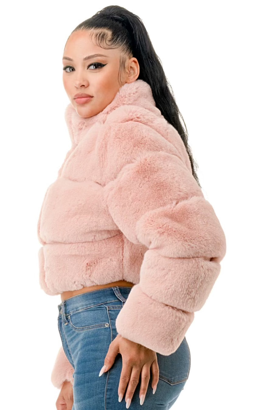 Stylish Pink Fur Coat For Young Adults For Fall and Winter. Side view.