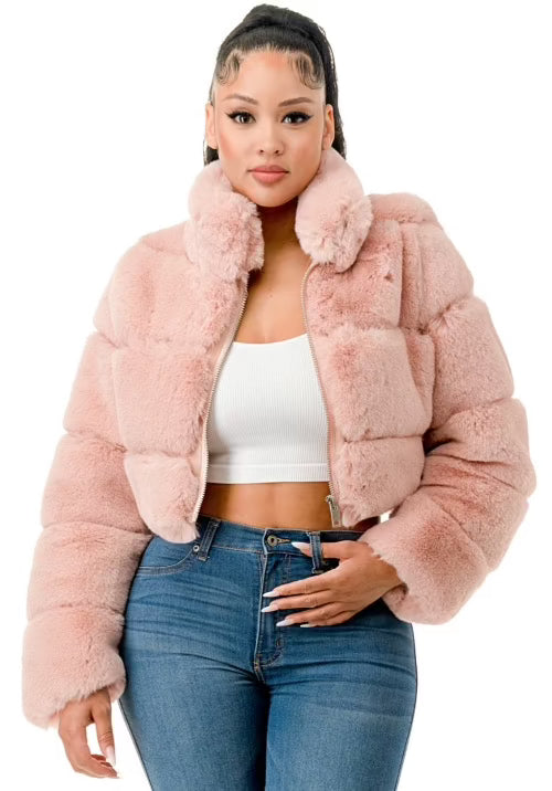 Stylish Pink Fur Coat For Young Adults For Fall and Winter. Front view.