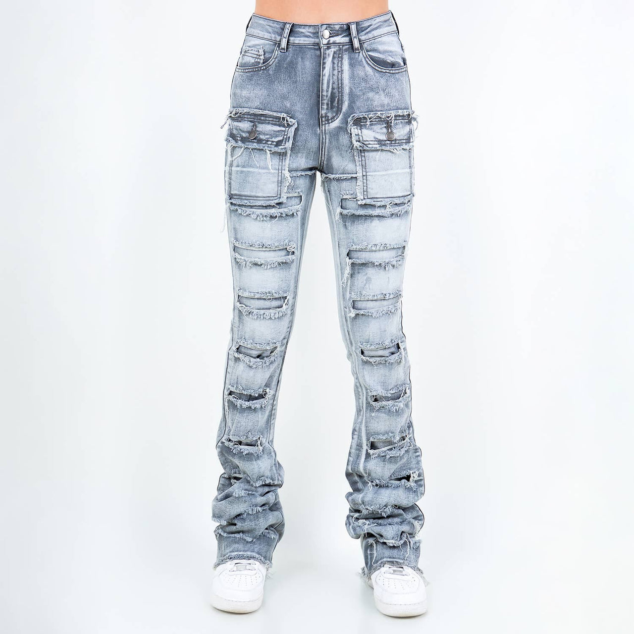 Trendy Y2K-inspired Gray High Waist Wash Stacked Jeans for Gen Z wardrobes.  Features patch work. Ideal for daily wear. Front view.