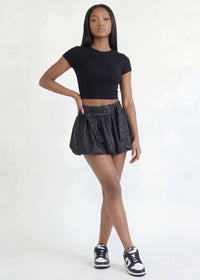 Thumbnail for Pink Seal Short vegan leather bubble skirt with bold sculptural silhouette.
