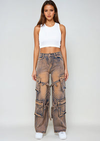 Thumbnail for Utility-style cargo pants with strap trims and a wide-leg fit. Strong lines, bold presence.
