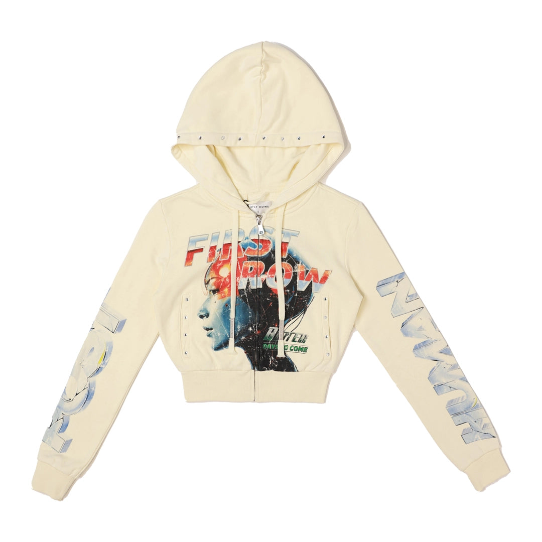 Beige hoodie with graphic design on a white background