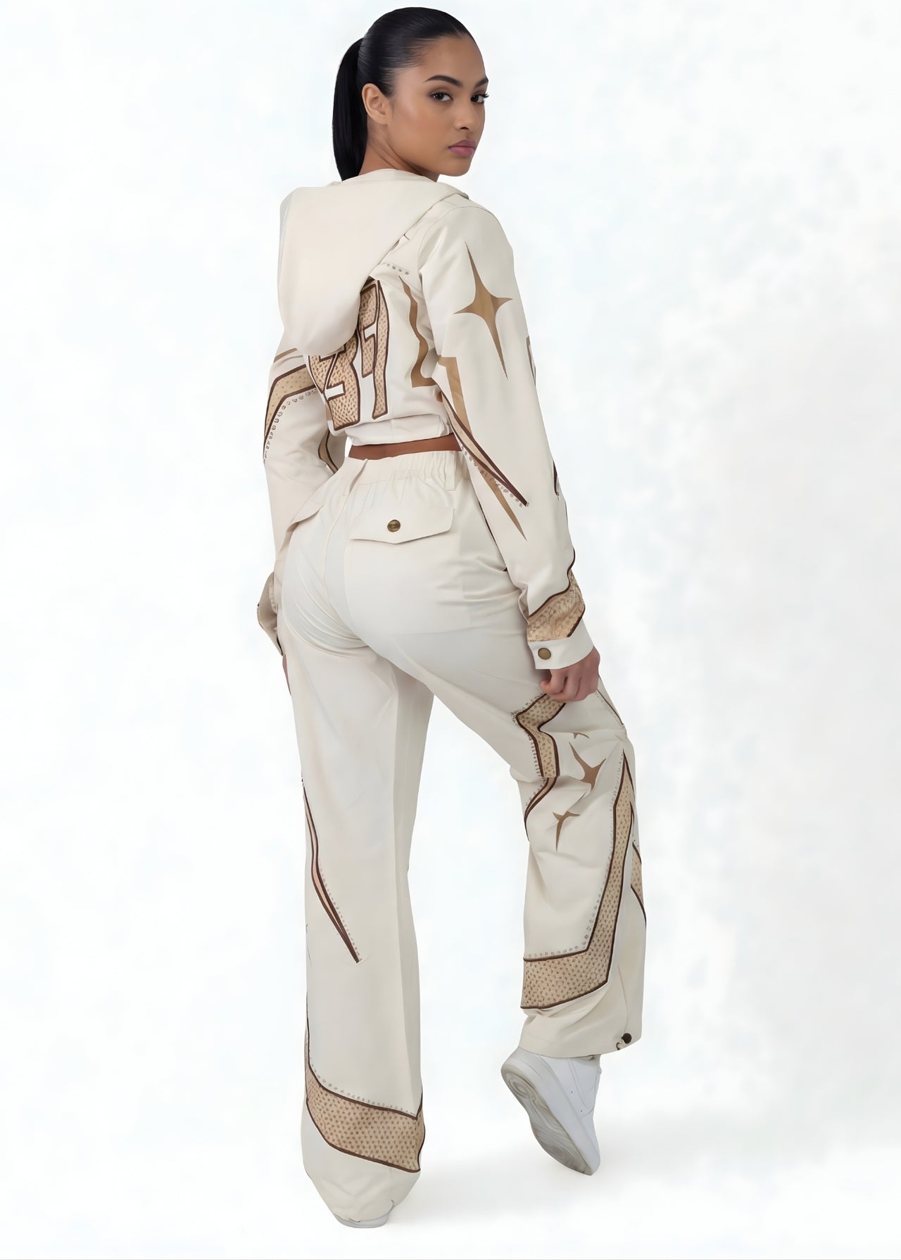 Pink Seal track jacket with wide-leg pants for a modern edge.
