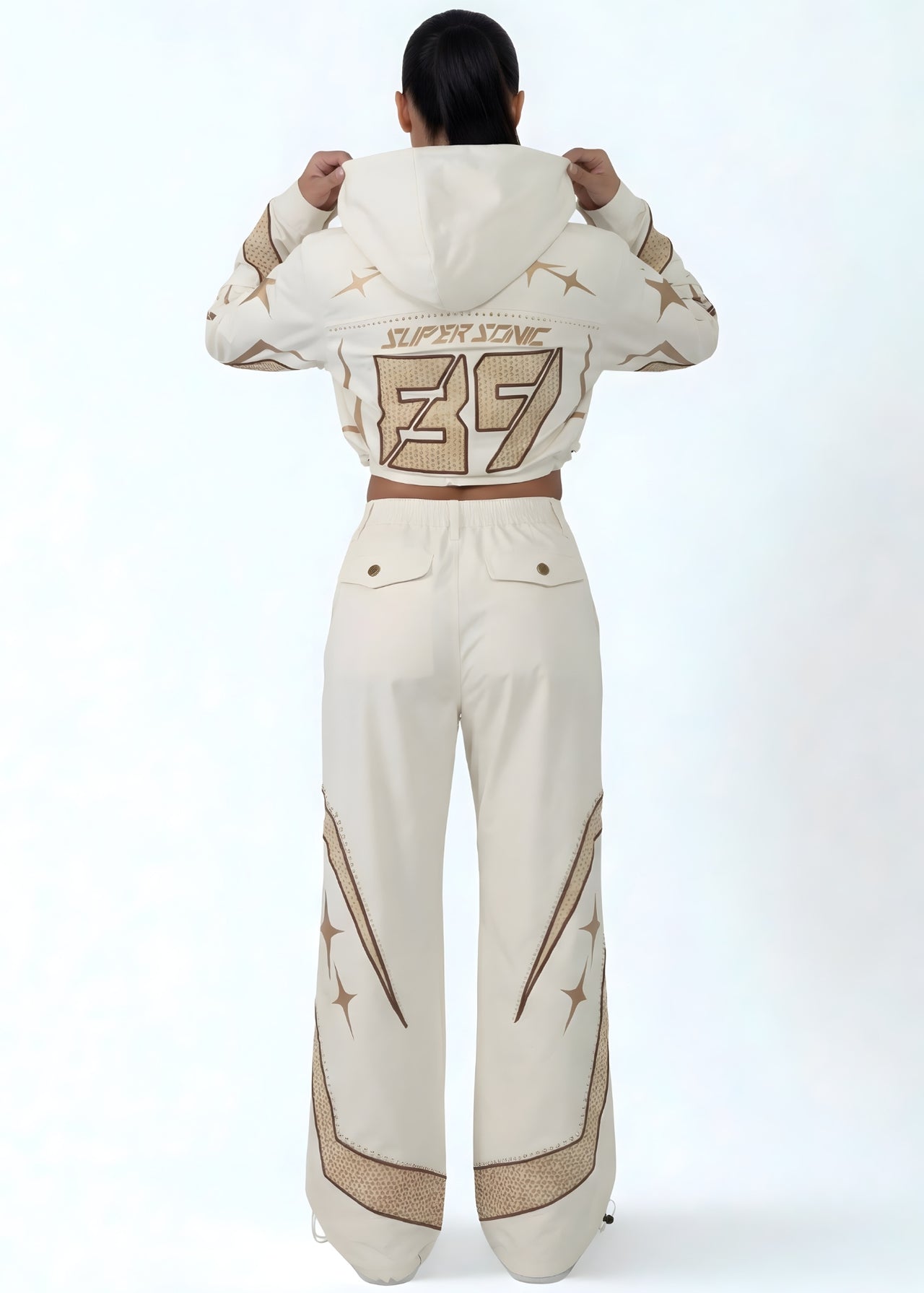 Pink Seal track jacket with wide-leg pants for a modern edge.