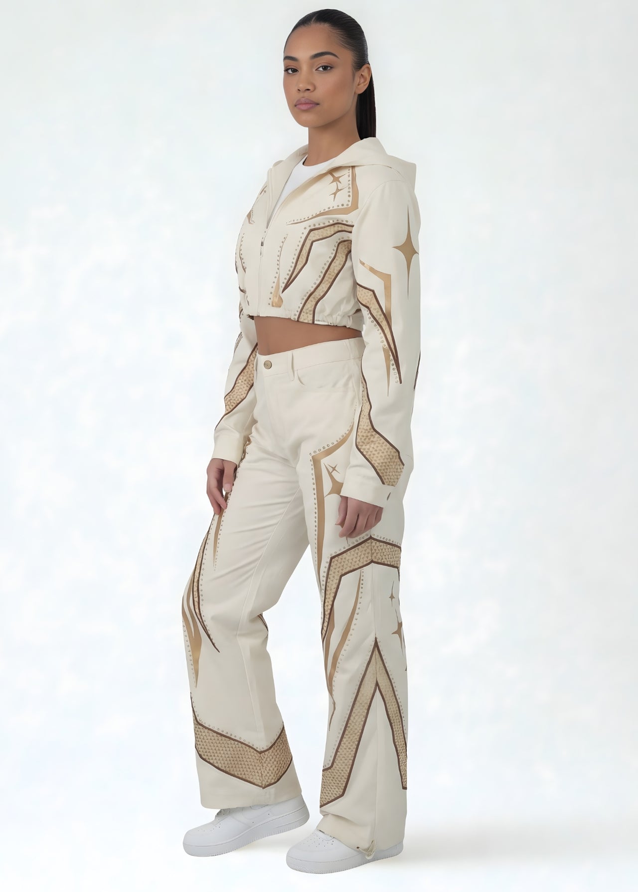 Pink Seal track jacket with wide-leg pants for a modern edge.